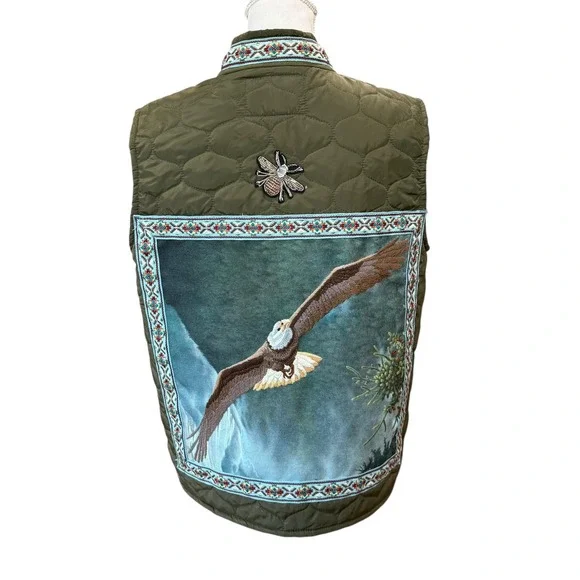 Lesal Upcycled Quilted Vest 2XL Olive Green Eagle Owl Beaded Bee Tapestry - Picture 3 of 8